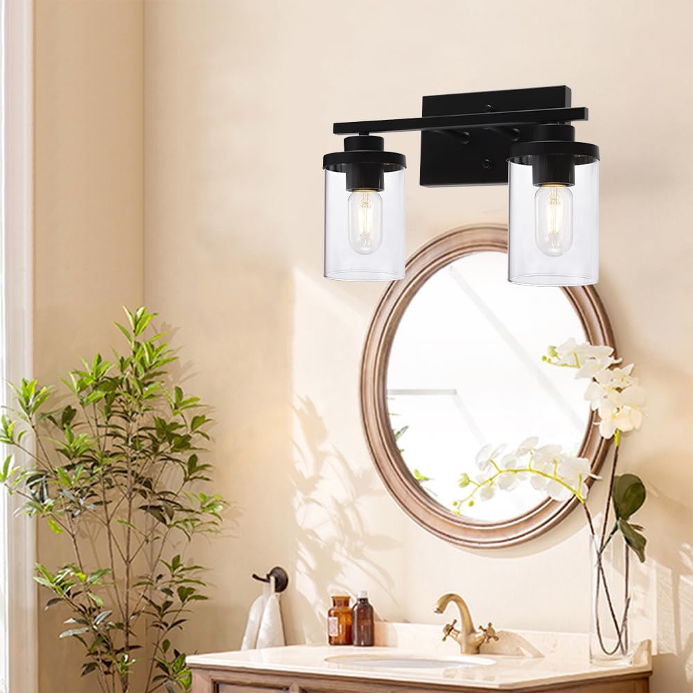 2 lámparas de pared para baño de luz negra con pantallas de vidrio transparente, iluminación de granja, apliques de pared para sala de estar
