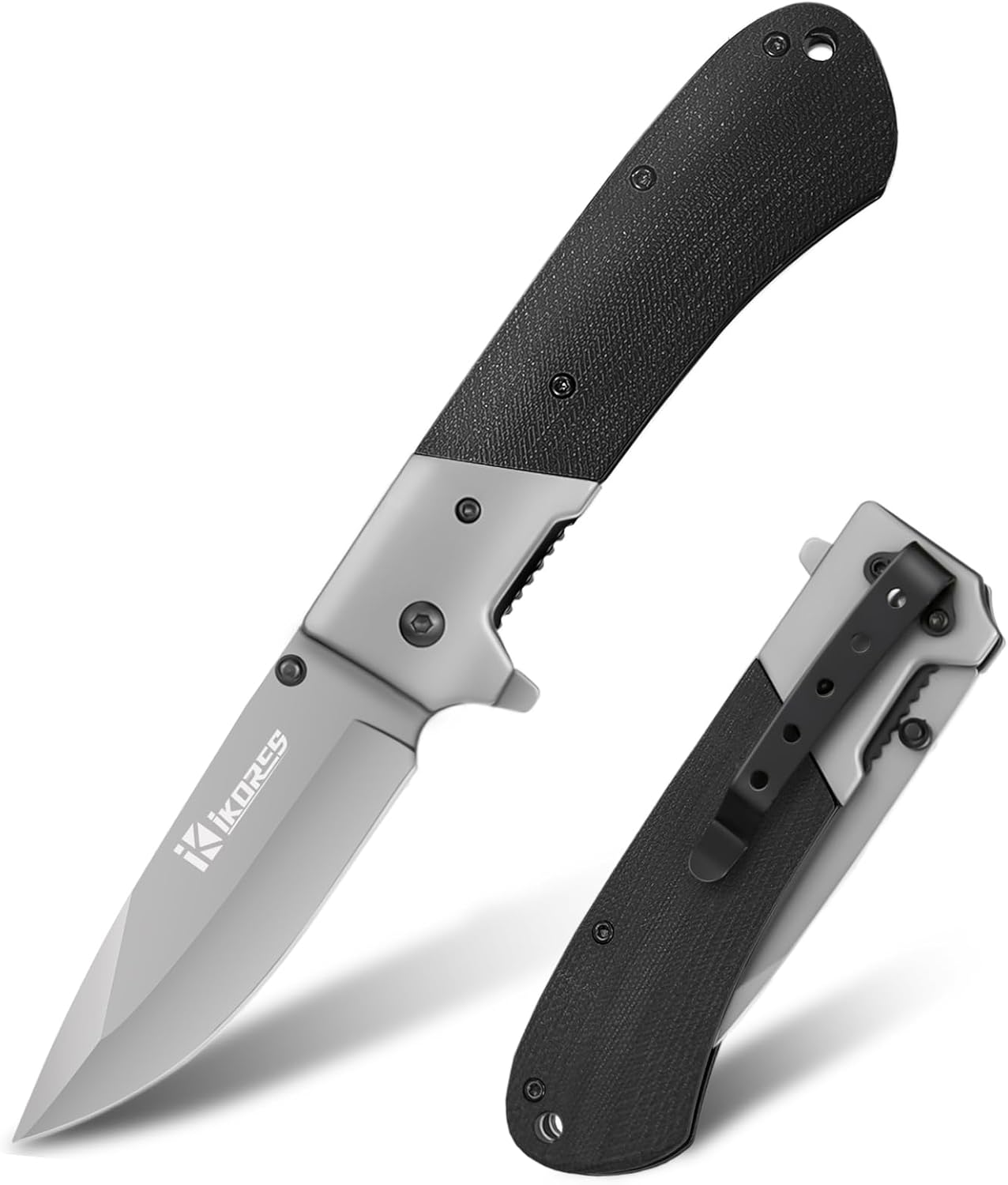 IKORES Cuchillo de bolsillo con mango G10, cuchillo plegable de 3.5 pulgadas con clip de bolsillo y funda de nailon, gran regalo para hombres y