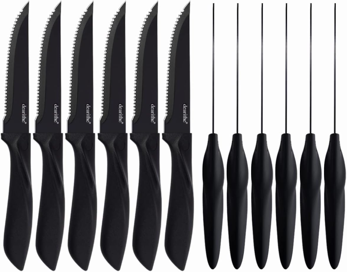 dearithe Juego de 12 cuchillos para carne, acero inoxidable dentado negro dentado de hoja afilada, 4.5 pulgadas, para restaurante, vajilla, cocina,