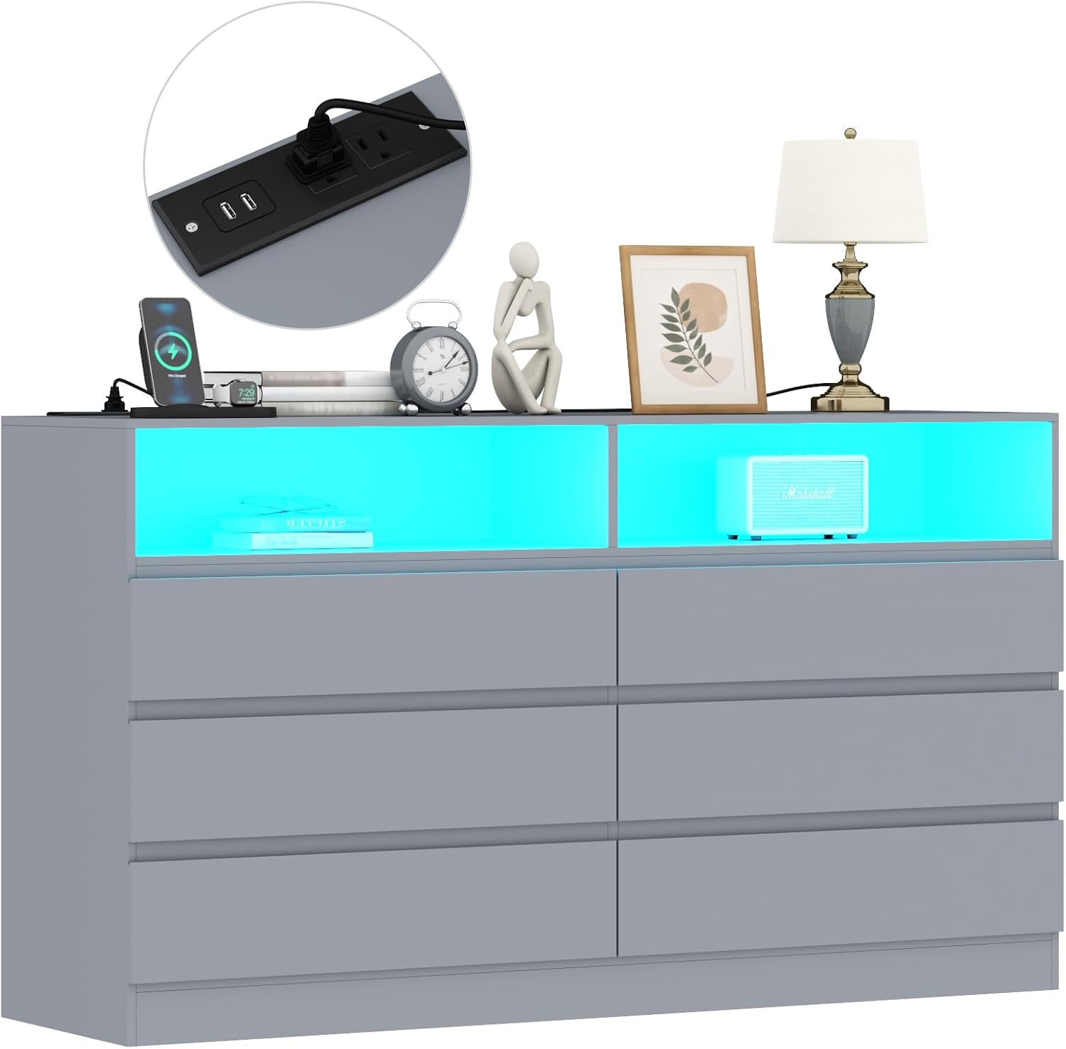 Gyfimoie Cómoda doble de 6 cajones con toma de corriente, cajones decorativos con luz LED, cómoda de almacenamiento moderna para dormitorio, sala de