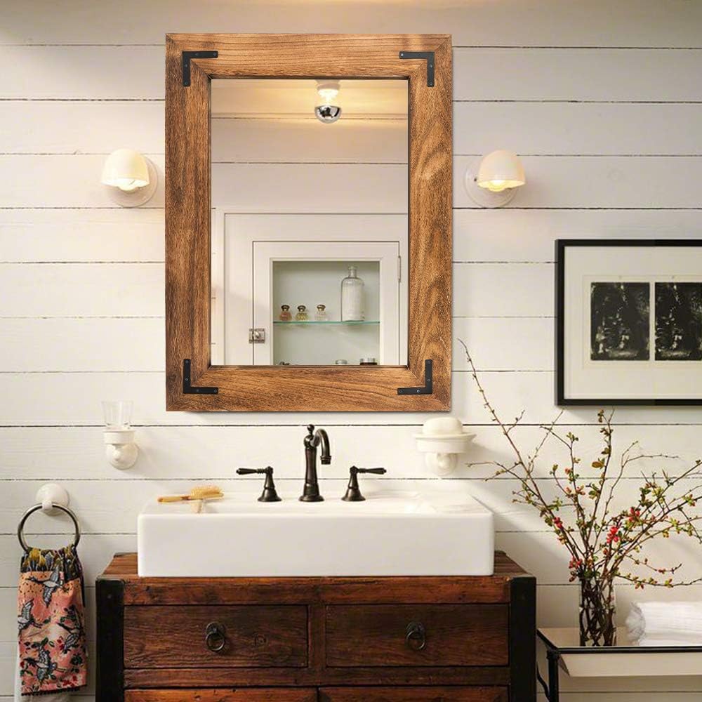 YOSHOOT Espejo de pared con marco de madera rústica, espejo de tocador de baño de madera natural para decoración de granja, colgante vertical u