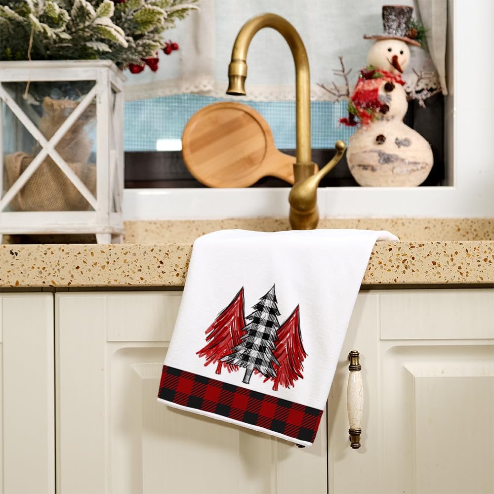 ARKENY AD134 – Juego de 2 paños de cocina de Navidad, diseño de búfalo rojo, árbol de Navidad, 18 x 26 pulgadas, decoración del hogar de granja