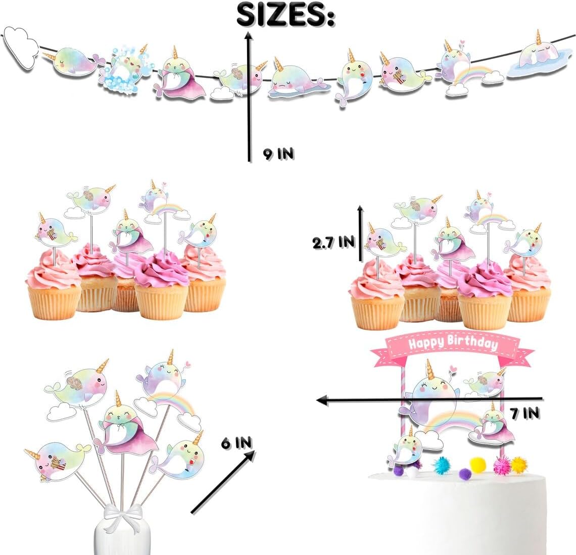 Juego de decoración de fiesta de cumpleaños de Narwhal. Gran paquete para temática de narval para niñas