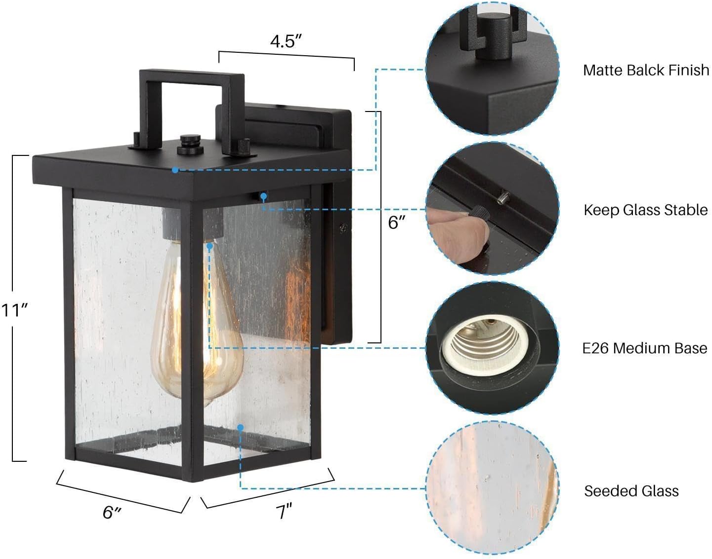 Durent Lighting Luces de pared negras para exteriores, apliques de pared exterior con vidrio semillado, faroles impermeables y antioxidantes para