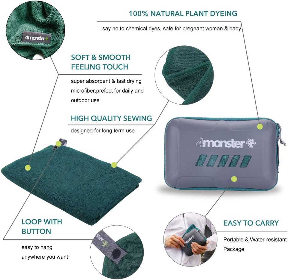 4Monster Toalla de camping de microfibra súper absorbente, toalla de viaje de secado rápido para deportes acuáticos, toalla de baño ultra suave y