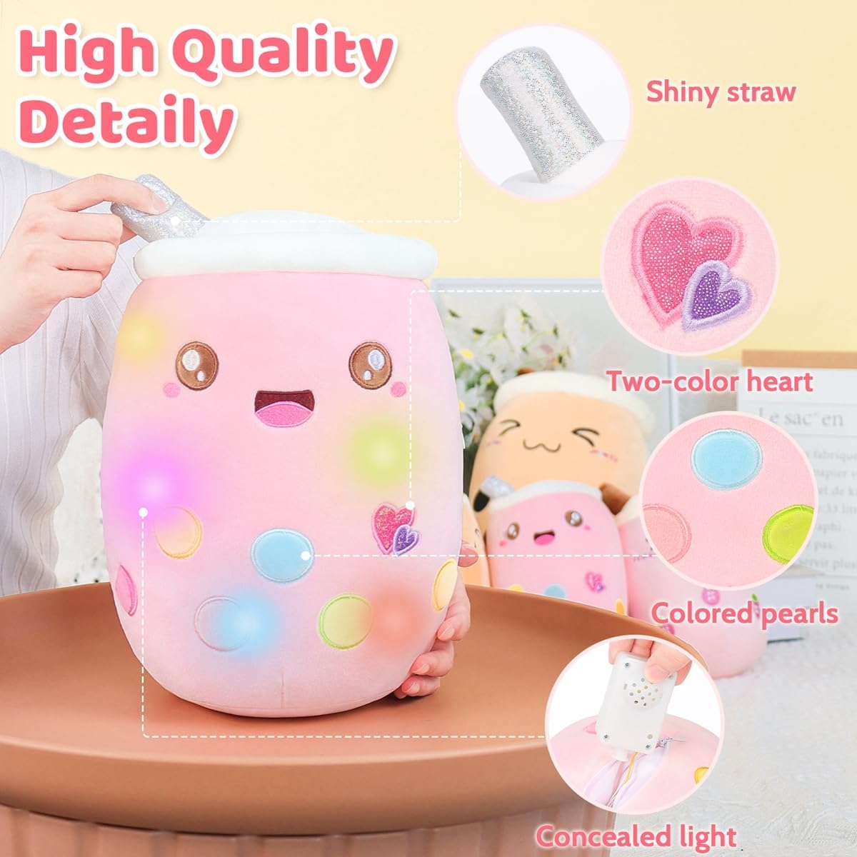 AIXINI Almohada de té con burbujas de peluche con luces LED coloridas y luces nocturnas que brillan súper suave, color rosa, 9.4 pulgadas