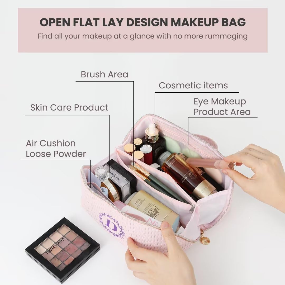 Bolsa de maquillaje, bolsa de maquillaje de viaje, bolsa de maquillaje portátil de piel sintética impermeable, organizador con asa y divisor bolsas