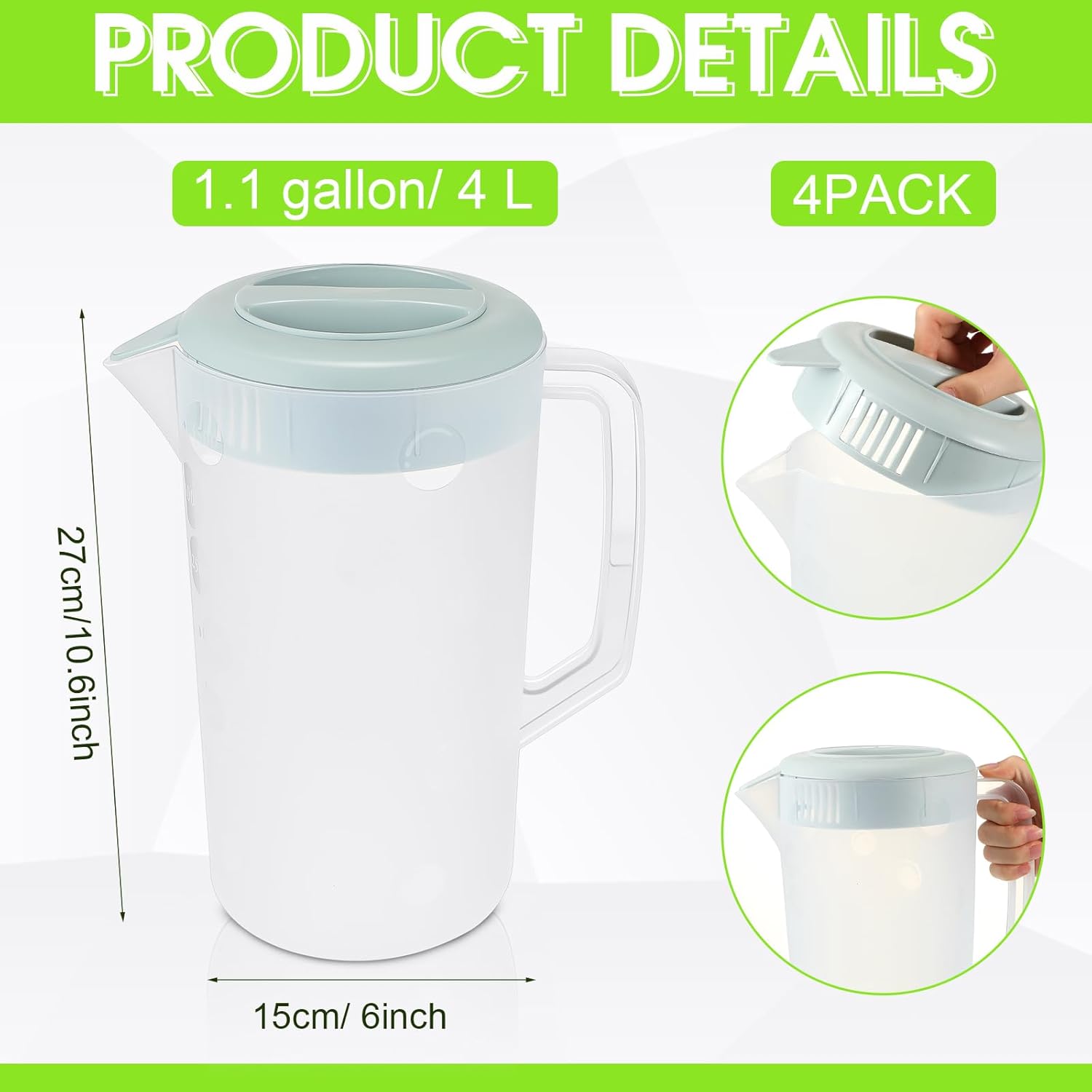 Uiifan 4 jarras de agua de plástico con tapa, boquilla de 1 galón y asa, jarra de jugo de plástico para refrigerador, jarra de agua de plástico para