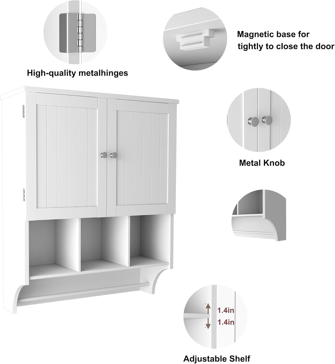 HOMEFORT Armario de pared de baño, botiquines sobre el inodoro con barra de toallas, estantes ajustables de 2 puertas, gran espacio para baño,