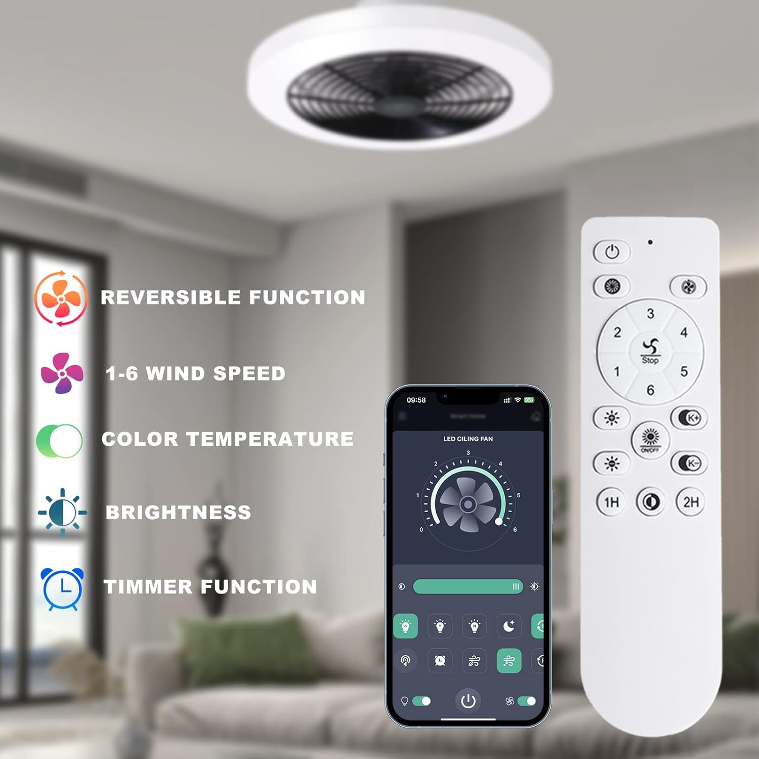 Ventilador de techo moderno de 19.7 pulgadas, ventilador de techo de perfil bajo regulable, cambio de temperatura de color continuo y ventilador de