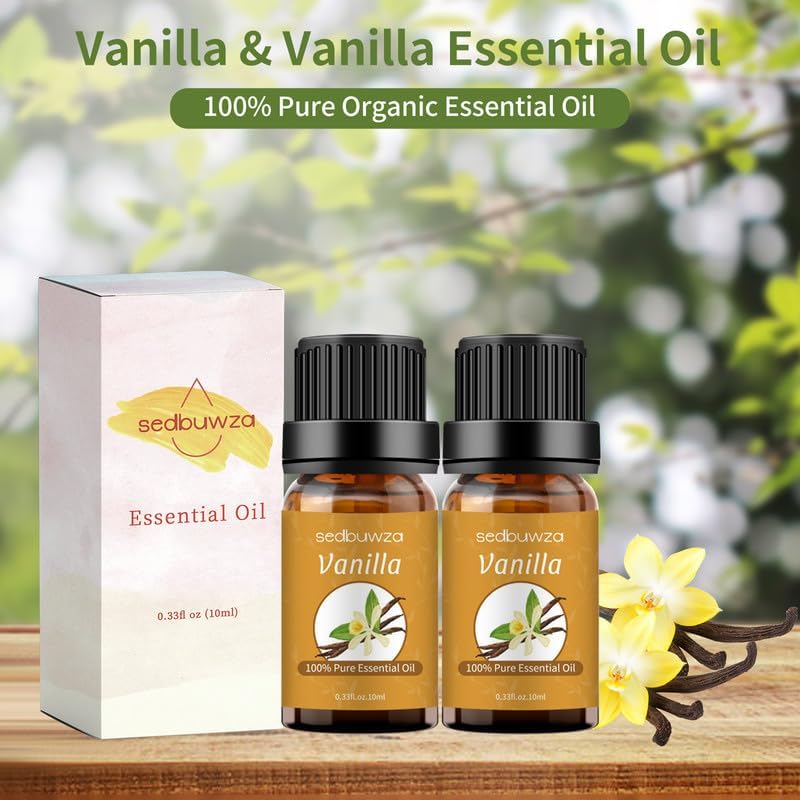 Sedbuwza Juego de aceites esenciales de vainilla, paquete de 2 aceites de aromaterapia 100% puros orgánicos sin diluir para masaje, difusor,