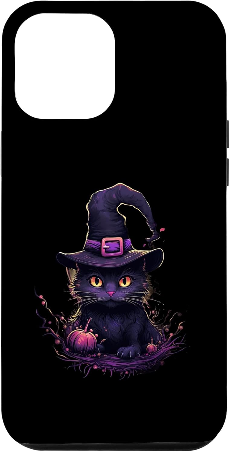 iPhone 13 Pro Max – Gorro de bruja de gato morado con imagen mágica de calabazas