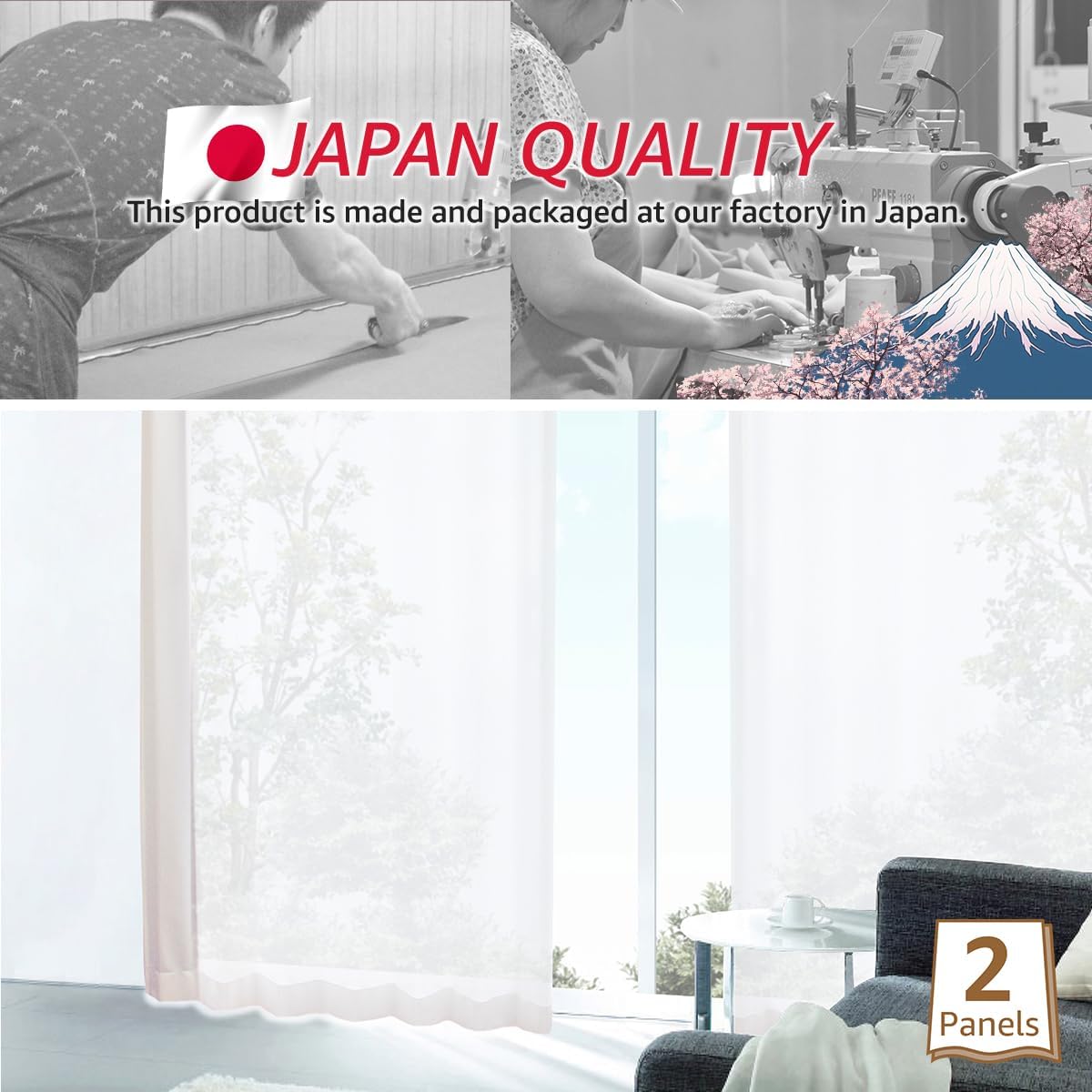 KURENAI – Cortina de encaje de privacidad de una sola vía Ninja plisada hecha en Japón, 2 paneles semitransparentes para sala de estar, dormitorio,