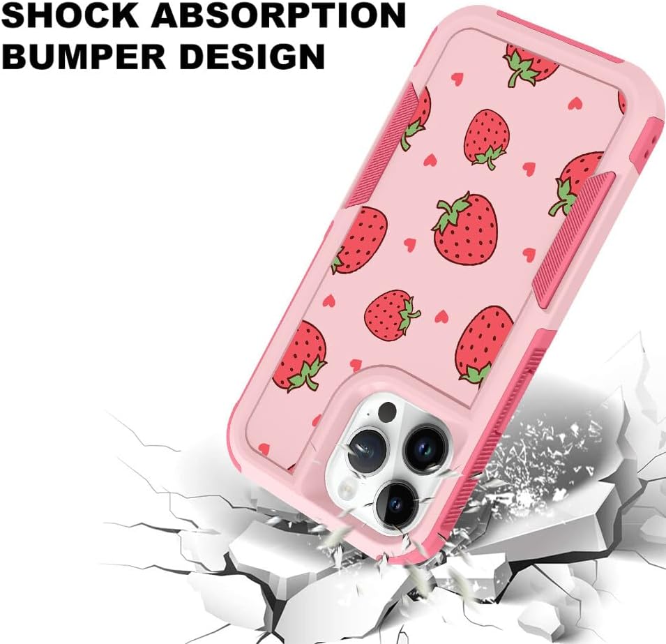 MZELQ Funda compatible con iPhone 15 Pro con bonito diseño de fresas, a prueba de golpes, bonita funda antideslizante compatible con niñas y mujeres