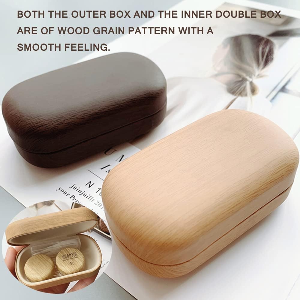 Estuche para lentes de contacto de grano de madera, estuche compacto de contacto ocular para viajes, caja de contacto portátil con espejo