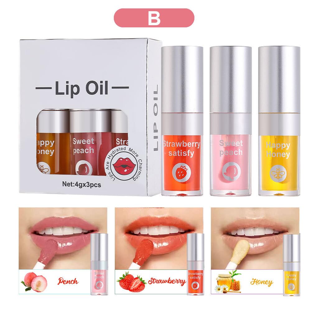 Juego de 3 aceites hidratantes para labios, aceite hidratante para labios, brillo labial, transparente, sin pegajoso, bálsamo labial, cuidado de