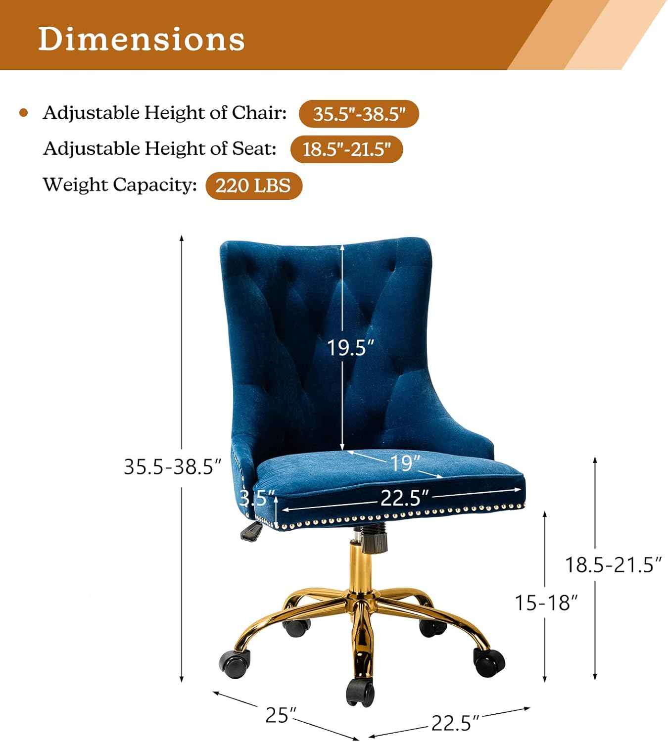 TINA’S HOME Silla de oficina de terciopelo sin brazos con base dorada y ribete de cabeza de clavos, moderna silla de escritorio tapizada capitoné