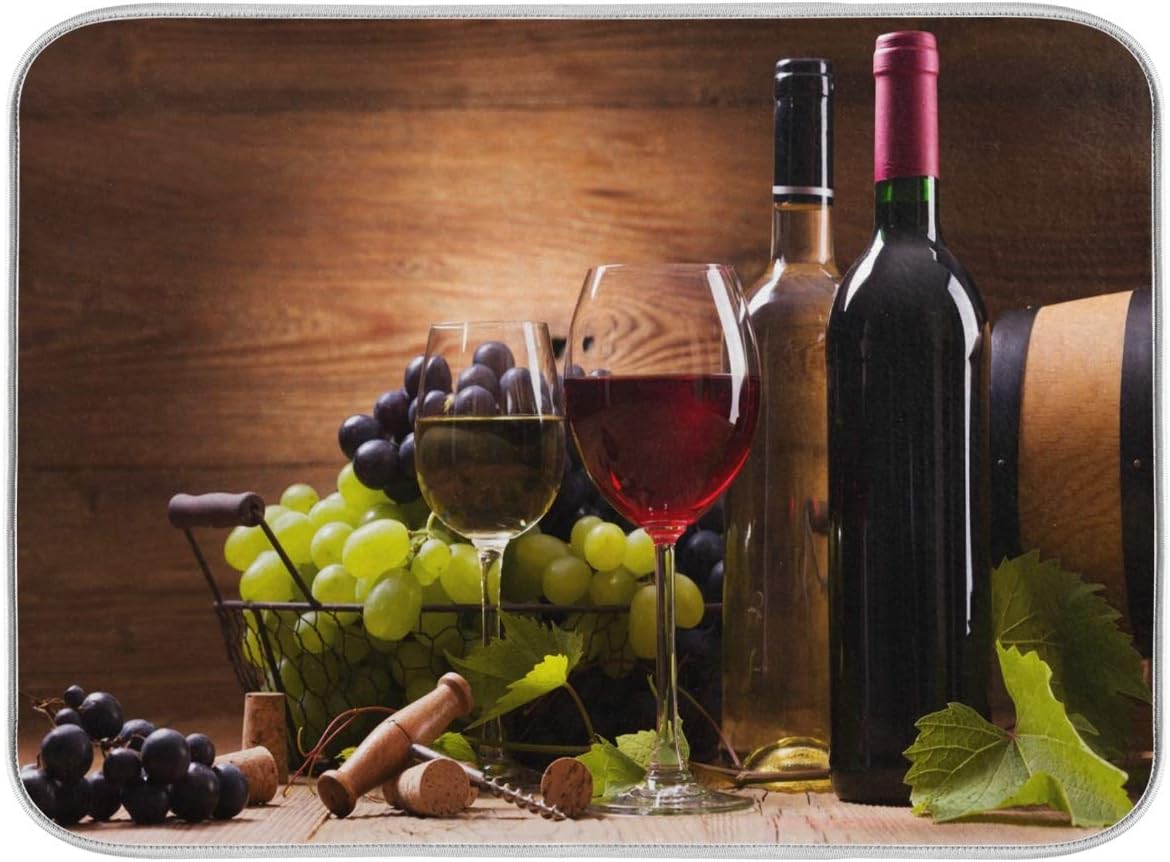 Tapete de secado de platos floral de vino tinto de 16 x 18 pulgadas para cocina, tapete escurridor de platos con estampado de madera vintage, tapete