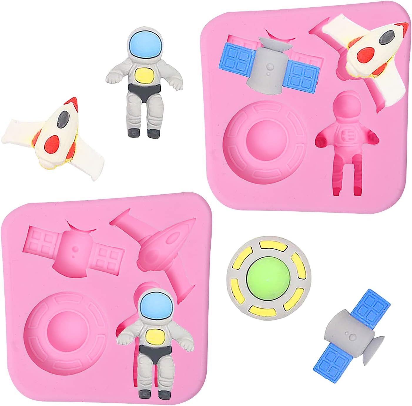Molde de chocolate de astronauta, molde de silicona para fondant de nave espacial (paquete de 2), molde robótico para avión para decoración de