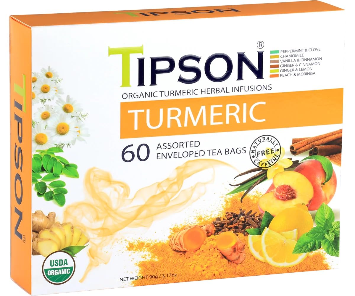 Tipson Té de hierbas de cúrcuma orgánica, 6 sabores surtidos, 60 bolsas de doble cámara con envoltura de aluminio, superalimento antioxidante, sin