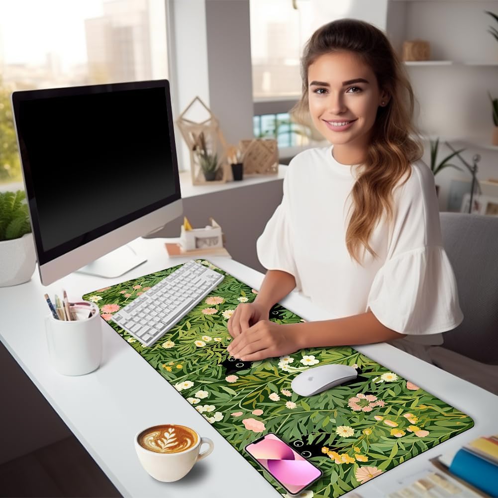 Divertida alfombrilla de escritorio con diseño de flor de gato negro, alfombrilla grande para mouse para juegos, alfombrilla de mouse para