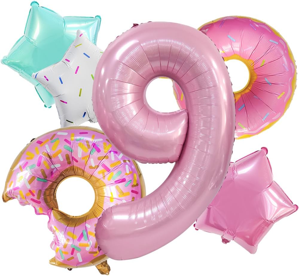 Decoraciones de cumpleaños en forma de dona, 6 globos de Dokuna en forma de dona, decoraciones de 9 cumpleaños para niñas, globos gigantes de