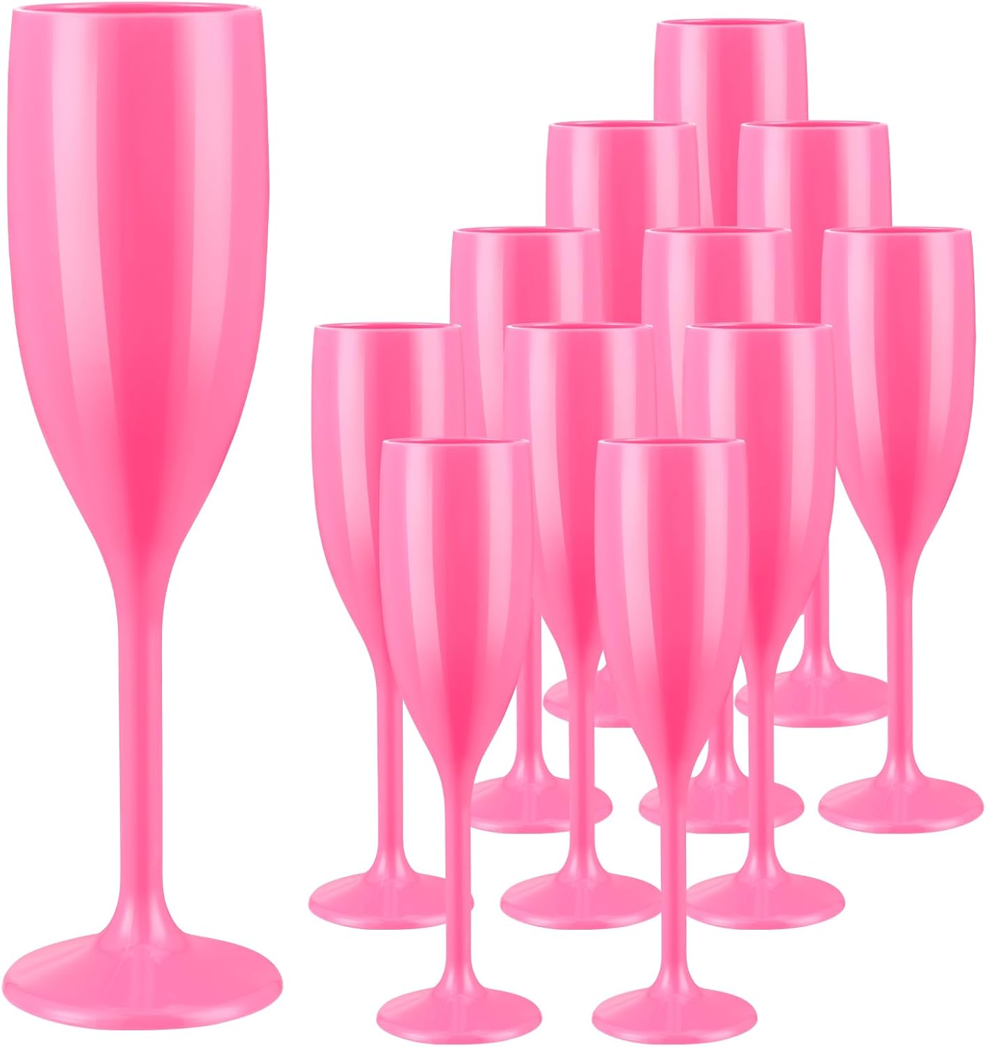 Paquete de 12 copas de champán rosa, copas de plástico de tallo largo de plástico, copas de champán irrompibles y reutilizables para despedidas de