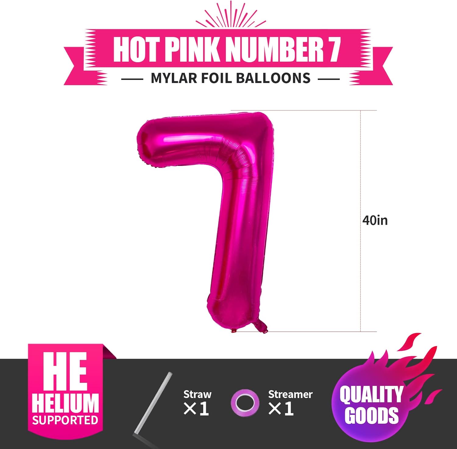 Globo rosa intenso con el número 7 de 40 pulgadas, decoración de globos de 7 cumpleaños para niñas, globos grandes y grandes, color rosa rosa con el