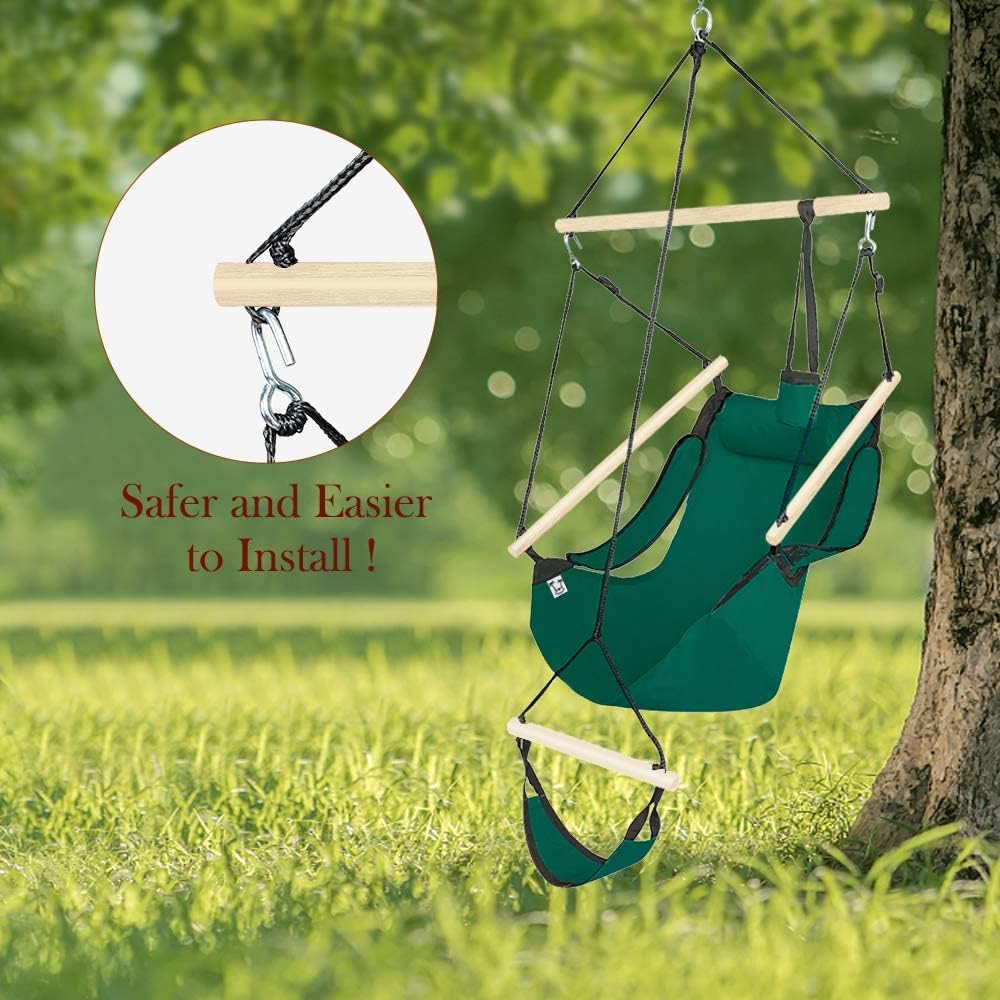 Upgraded Unique Hammock Sky Chair, Air Deluxe Hanging Swing Seat with Rope Through The Bars Safer Relax with Drink Holder & Fuller Pillow Beech Wood