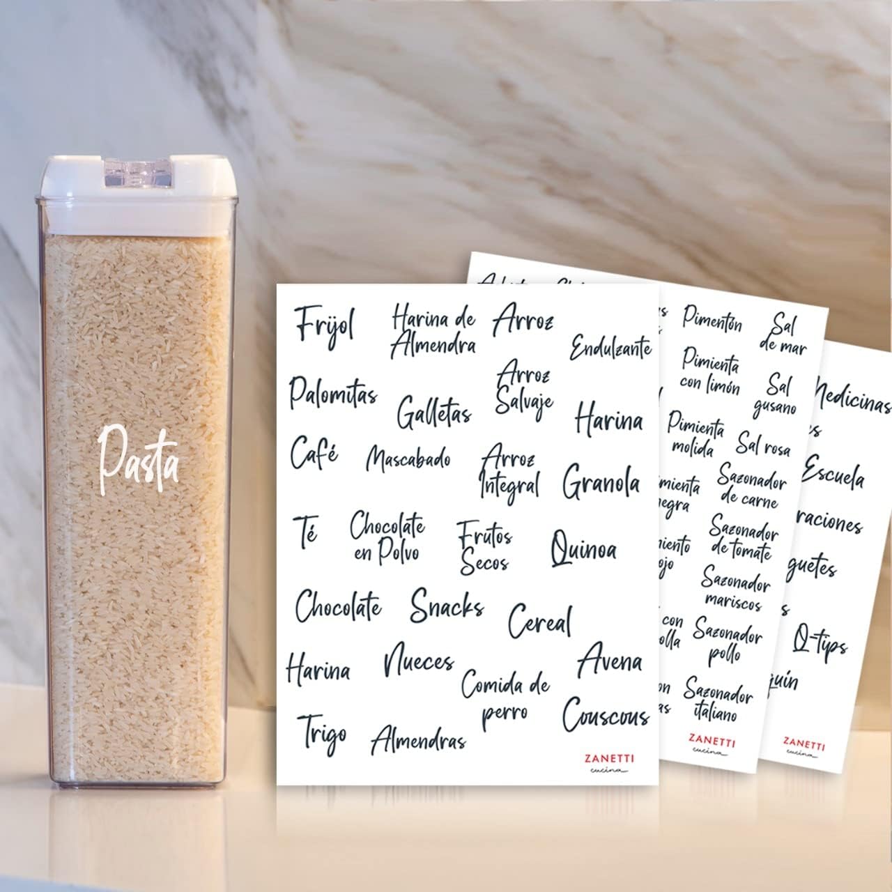 Zanetti Pantry Labels for Food Containers, Kitchen Food Labels for Storage Canisters & Jars, in Spanish (White)