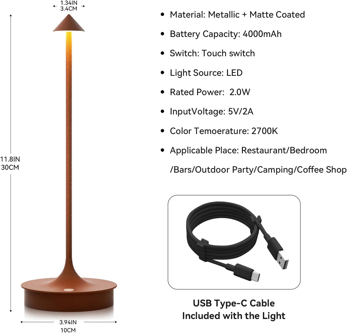 Lámpara de mesa inalámbrica recargable, lámpara de mesa LED táctil de 4000 mAh, lámpara de escritorio a pilas, luz de mesa portátil regulable al