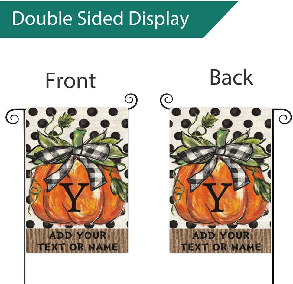 Banderas de jardín personalizadas de calabaza de otoño con texto inicial de 12 x 18 pulgadas, arpillera de doble cara para exteriores, decoración de
