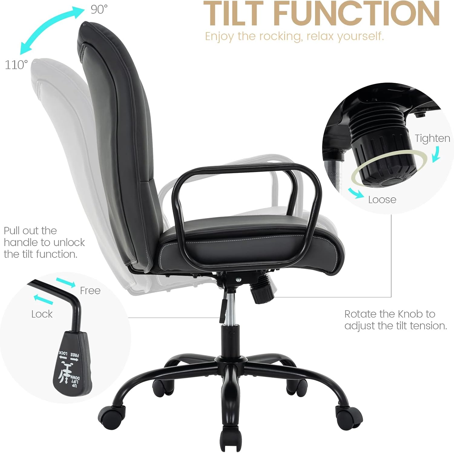 HFGI Living Silla de oficina en casa, moderna silla tapizada de piel sintética con brazos, silla de escritorio giratoria ajustable con ruedas (gris