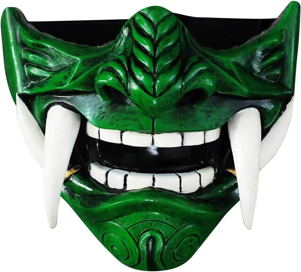 Decoraciones de Halloween, máscara japonesa de Hannya De-mon Oni Sam-urai NOH Kabuki Prajna Devil media máscara cosplay, fiesta espeluznante
