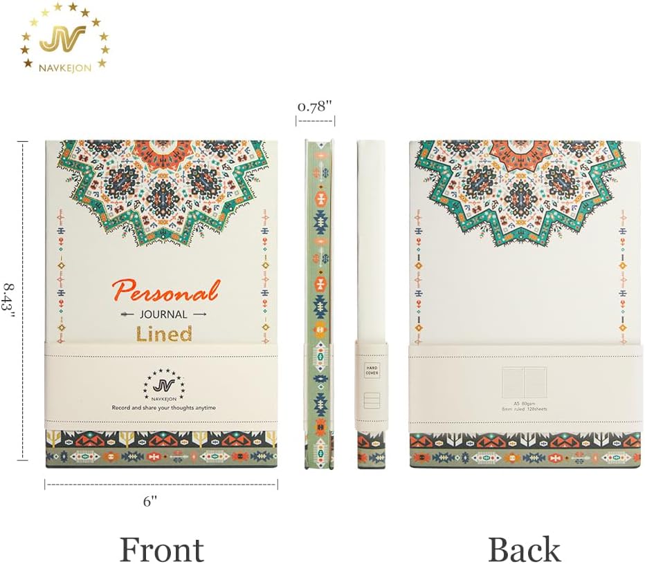 Diario personal para mujeres y hombres, cuaderno con borde impreso bohemio, de tapa dura, con rayas, de papel grueso, para artista, plano de 0.315