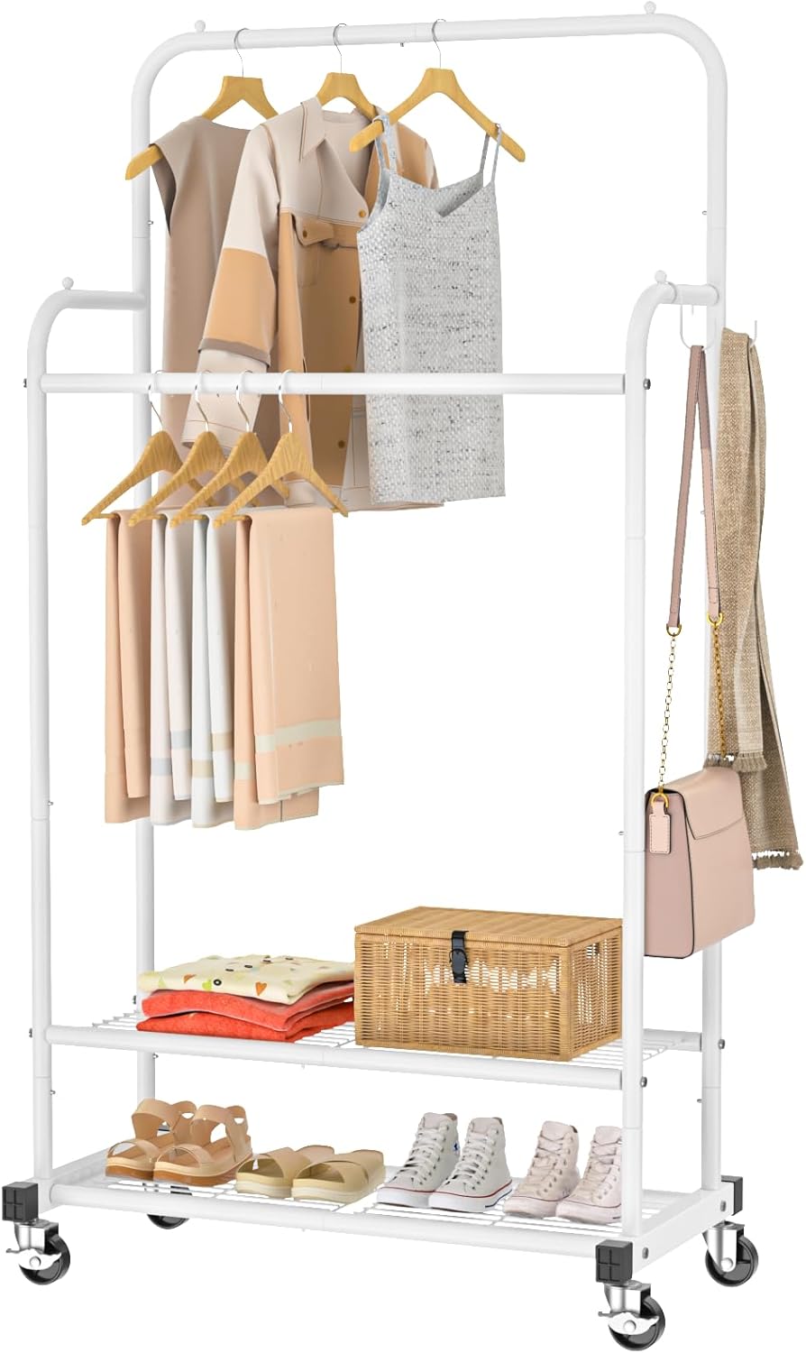 Double Rod Clothes Garment Rack, Heavy Duty Clothing Rolling Rack for Hanging Clothes, Portable Clothes Organizer for Bedroom, Living Room, Clothing