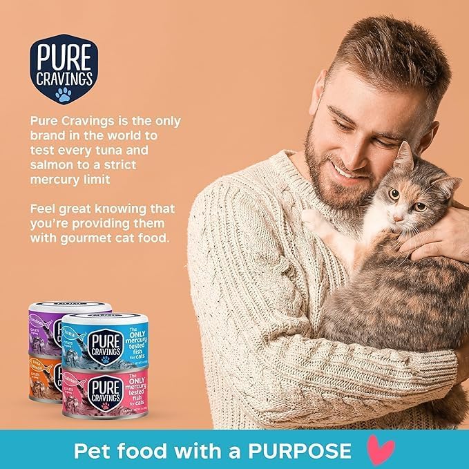 Pure Cravings Paquete variado de alimentos húmedos para gatos, atún, salmón, sardinas, atúnsalmón en salsa, 100% probado con mercurio, lata húmeda