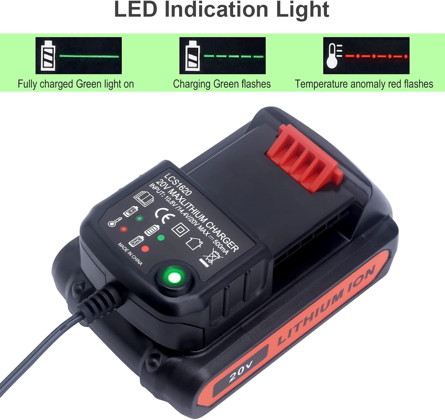 Lasica Repuesto para cargador de batería de litio de 20 V Black and Decker LCS1620B compatible con Black & Decker 20 voltios Max Litio LBXR20