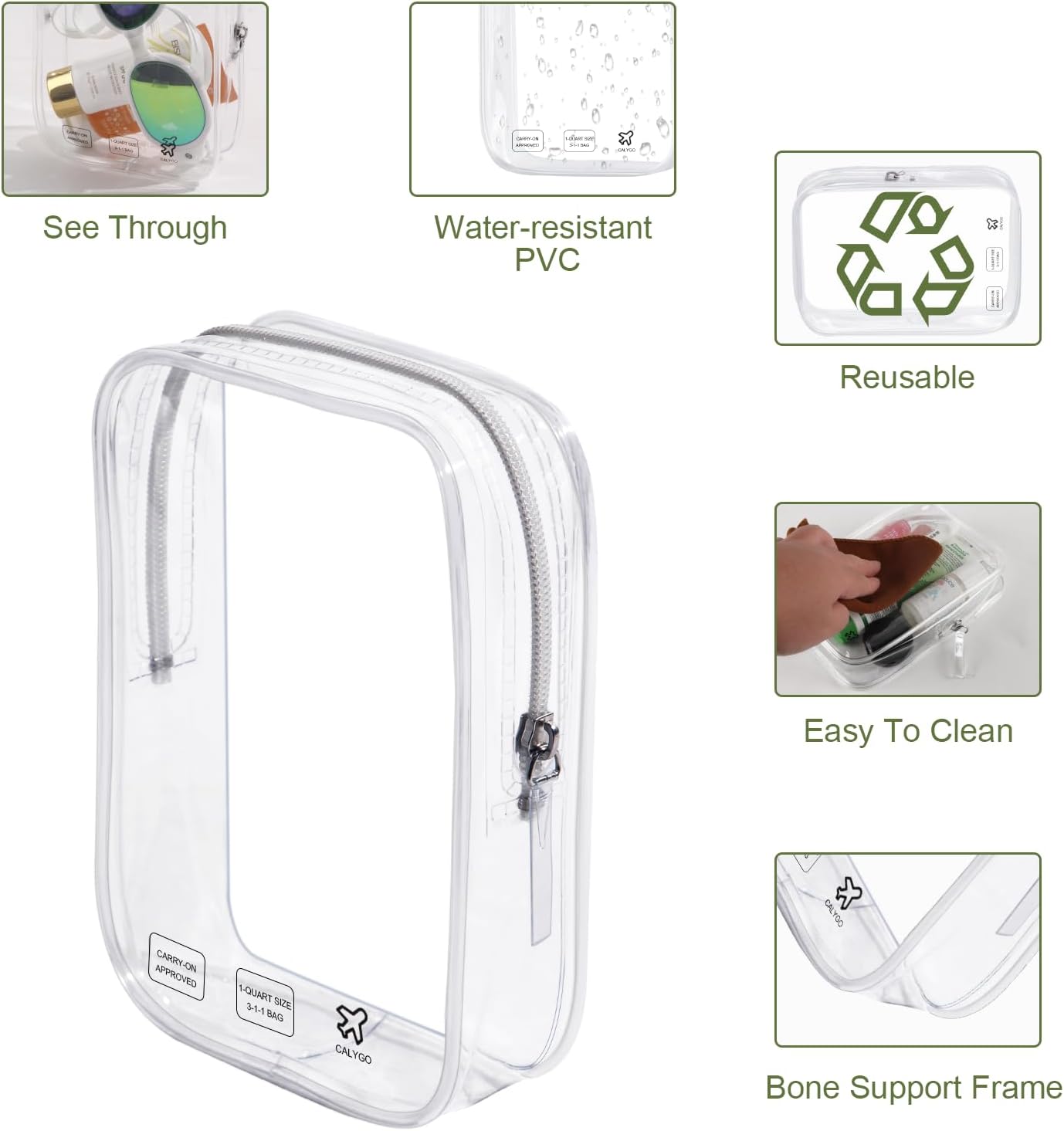 Accesorios de avión imprescindibles de 1 cuarto de galón, bolsa de viaje aprobada por la TSA para mujeres que viajan, 2 Pack Clear, Bolsa de viaje