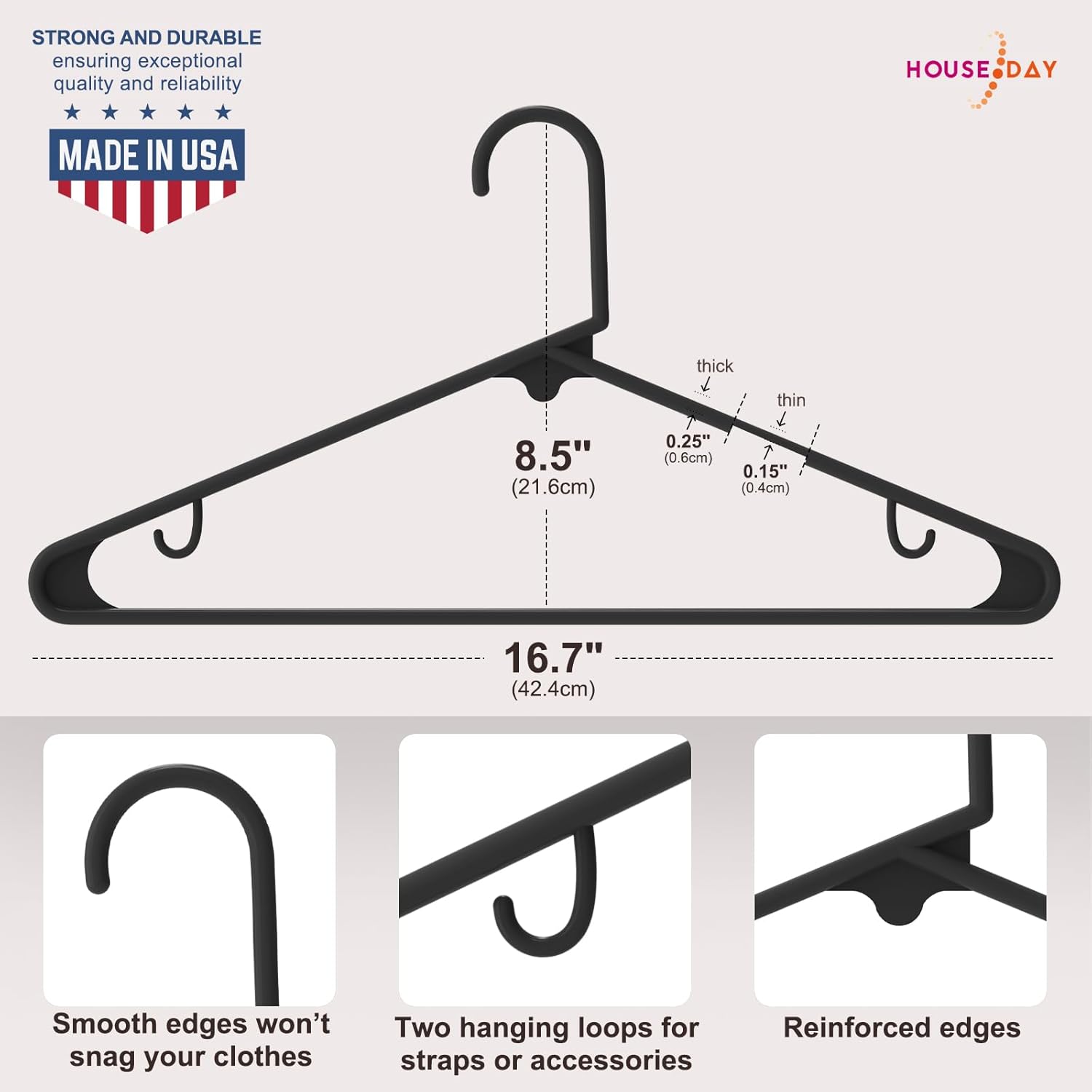 HOUSE DAY Perchas de plástico de alta calidad hechas en Estados Unidos, paquete de 50 perchas duraderas y que ahorran espacio, perchas a granel con