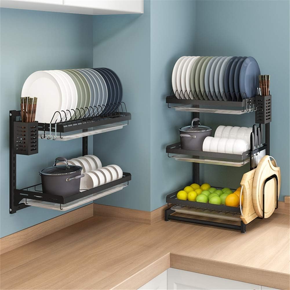Estante de secado de platos de 3 niveles ajustable de cocina con tabla de drenaje extraíble, cromo resistente de gran capacidad, organizador de