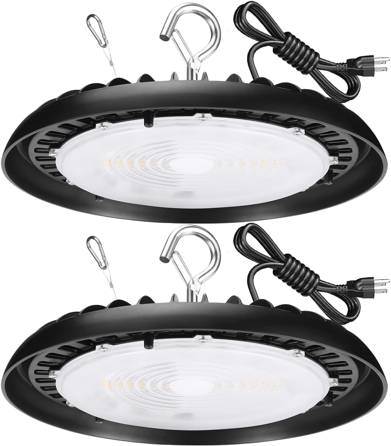 Paquete de 2 lámparas LED de alta bahía de 150 W para almacén, luz diurna de 120 V 5000 K, 19500 lm (600 W-800 W HPSMH Eqv.), luces LED UFO Highbay