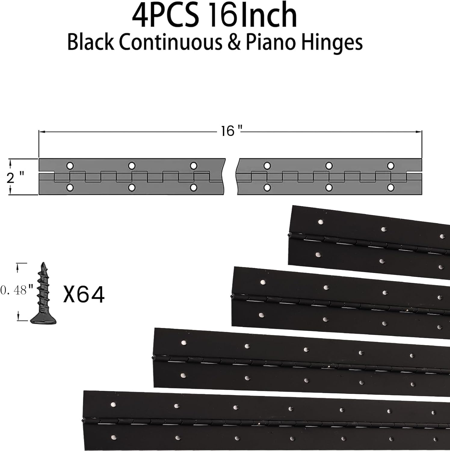 4 bisagras de piano de alta resistencia de 16 pulgadas, 0.05 pulgadas de grosor, 2 pulgadas de ancho abierto, acero inoxidable negro continuo y