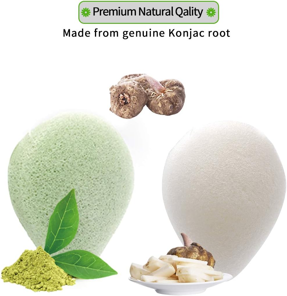 ESMOSEN 2 esponjas faciales 100% naturales de té verde konjac para limpieza profunda de la cara y exfoliación suave, seguro para pieles delicadas y