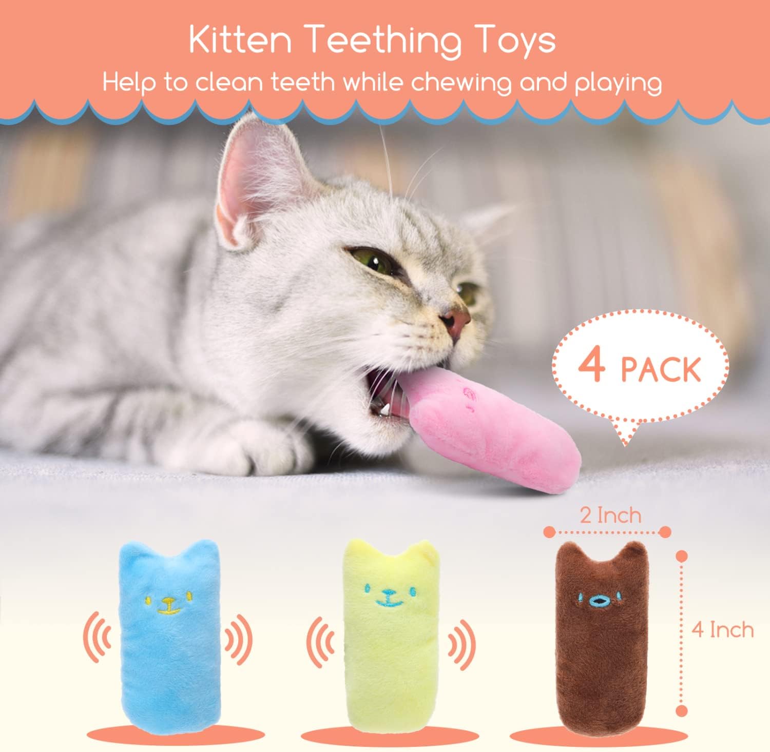 Nobleza Juguetes de gatito para gatos de interior, paquete de 4 juguetes masticables para dentición de gatos con papel arrugado, juguete interactivo