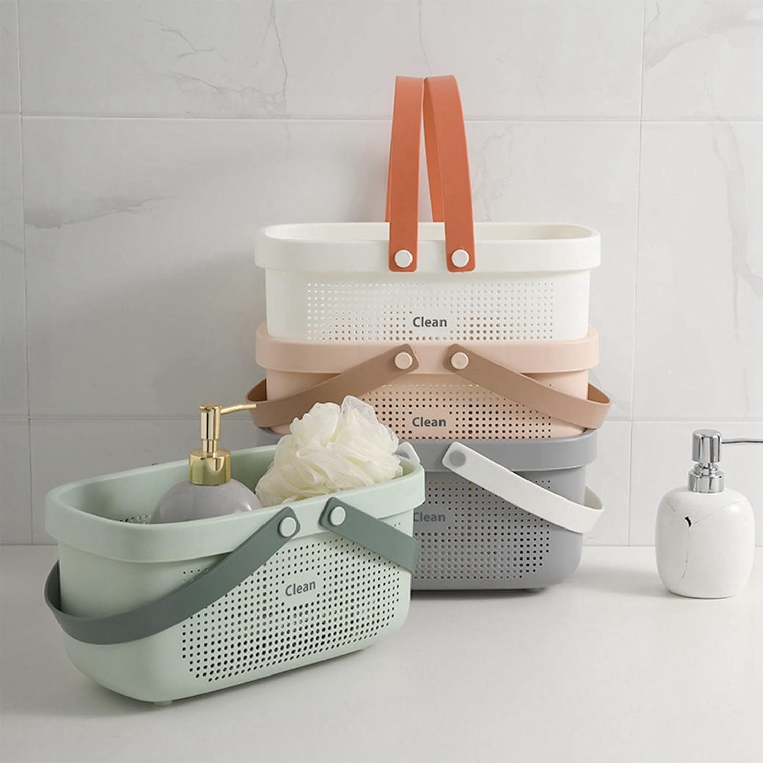 Cesta de almacenamiento de plástico para baño, portátil, con asas, cesta para baño, despensa, cocina, dormitorio universitario, campamento (verde 10
