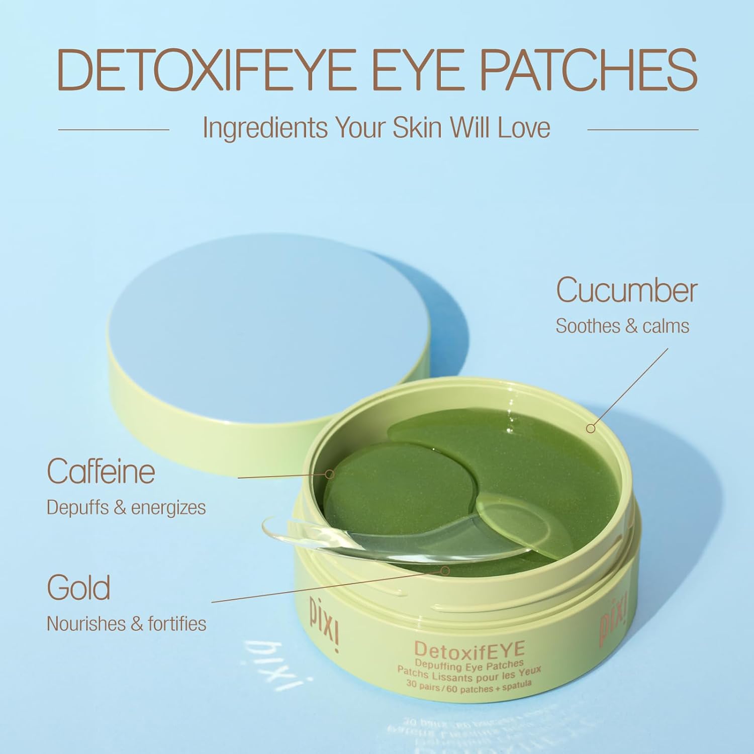 Pixi DetoxifEYE – Parches de hidrogel desinflador para debajo de los ojos, ácido hialurónico, parches dorados y de cafeína para debajo de los ojos,