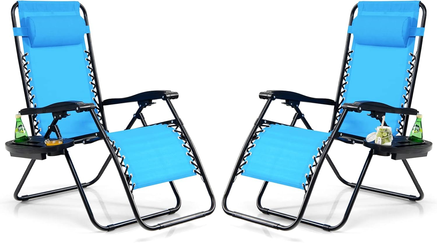 Tangkula Juego de 2 sillas de gravedad cero, silla plegable para patio, reclinable, ajustable, con soporte para tazas, reposabrazos anchos para