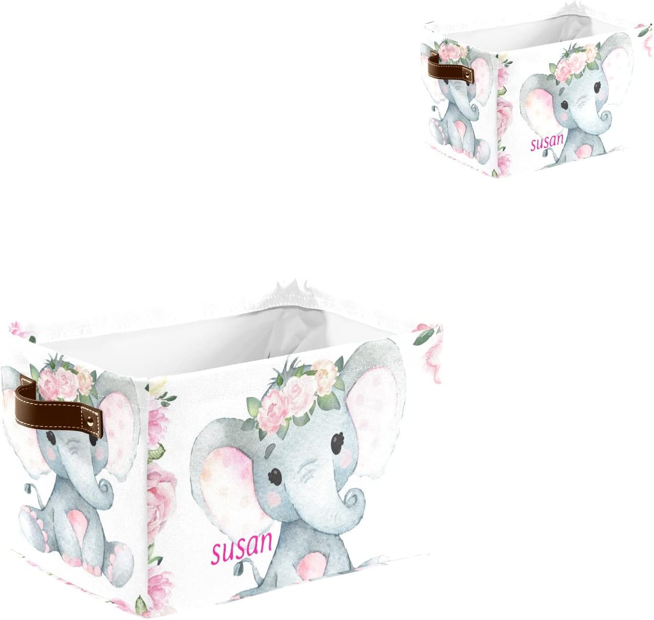 Contenedor de almacenamiento personalizado con diseño floral rosa de elefante bebé con nombre, impermeable, con asas, para cestas de regalo, bolsa