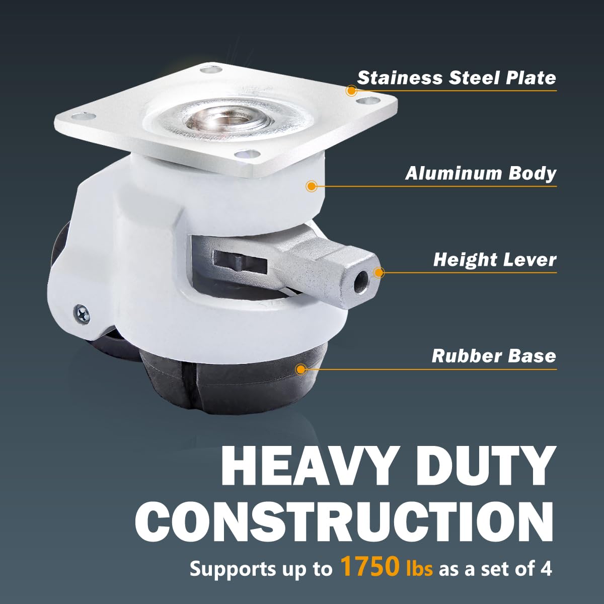 POWERTEC 17300 Juego de 4 ruedas niveladoras de 2 pulgadas, resistentes con asas de trinquete ajustables, ruedas retráctiles y giratorias, paquete